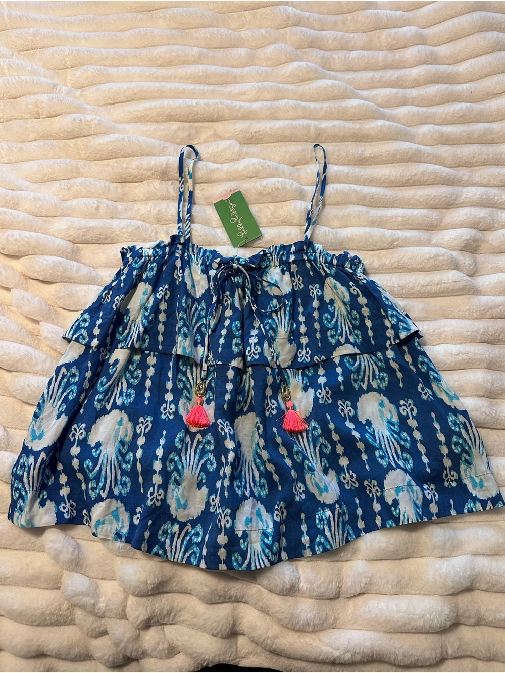 Lilly Pulitzer Blue Printed Ruffle Camisole with Tassel Accents - Small